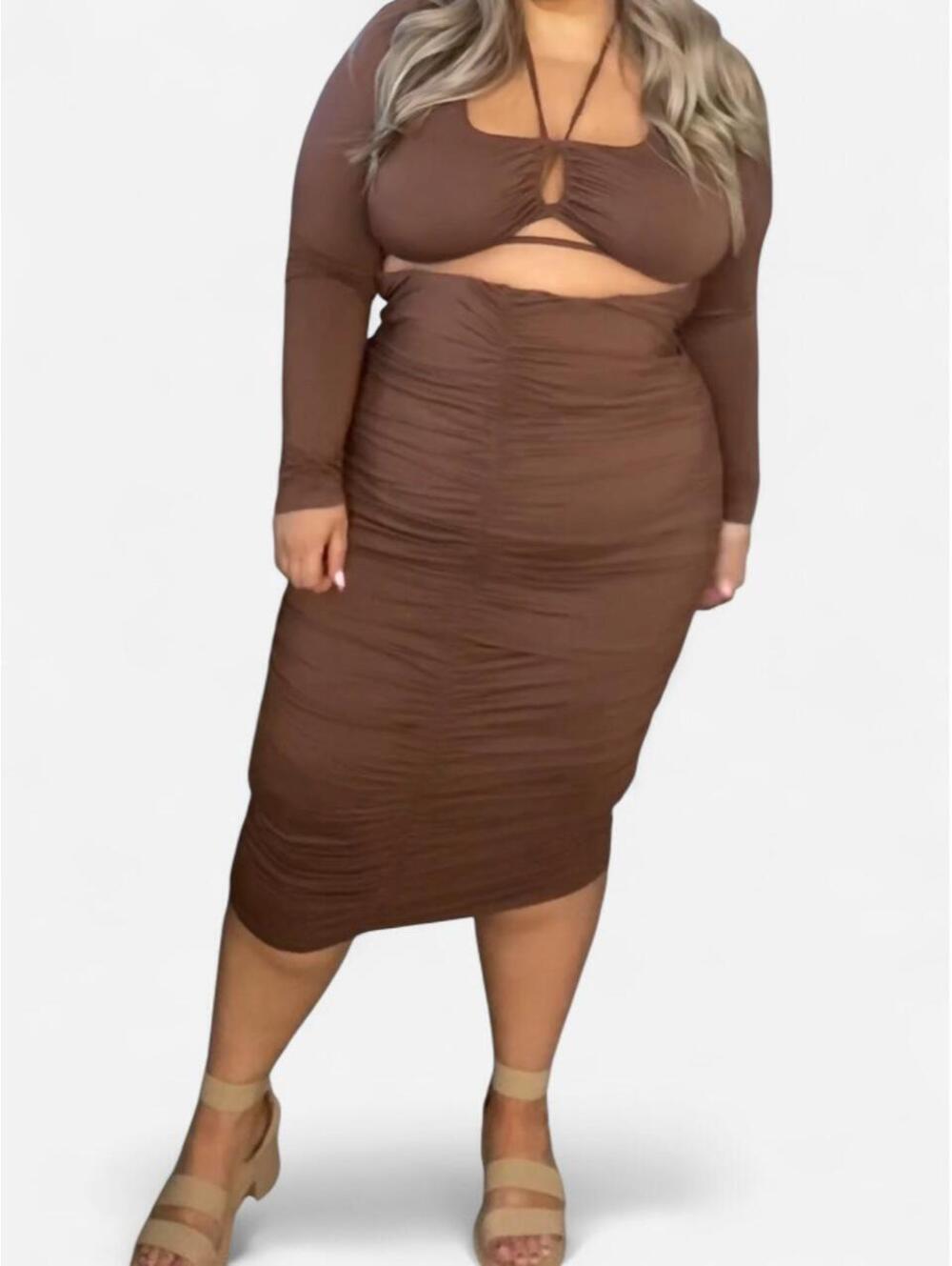 Alana Eve Brown Ruched Cutout 2 Piece Midi Dress Set matching shrug bolero 3X